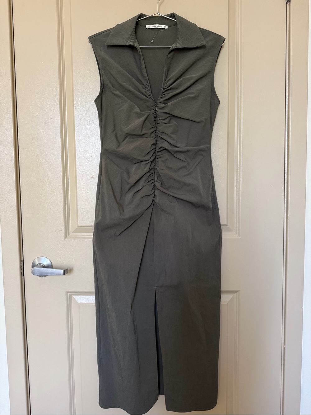 A&F Olive Sleeveless Ruched Front Midi Dress